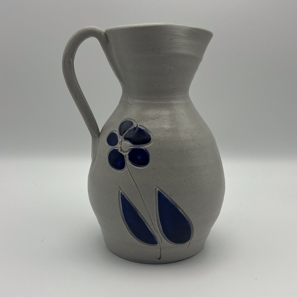 Williamsburg Pottery Flower Pitcher Clay Blue Grey Decor Collectible Signed